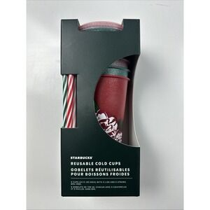 Starbucks 2022 Christmas Holiday Glitter Reusable Cold Cups With Straws. 5 Pack